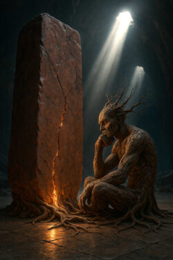 Eine humanoide Baumgestalt sitzt nachdenklich vor einem gespaltenen Monolithen, aus dessen Riss warmes Licht strömt. Die Wurzeln der Figur und des Steins scheinen miteinander verbunden zu sein. Sanfte Lichtstrahlen fallen von oben herab und tauchen die Szene in eine meditative Stille.