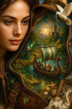 Eine Frau mit nachdenklichem Blick, auf ihrem Gewand öffnet sich eine ganze Welt. Ein Schiff fährt einen Fluss entlang, ein Zauberer und ferne Berge deuten ein Abenteuer an.