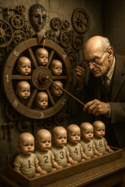 Ein alter Mann dreht an einem hölzernen Rad, in dem Babygesichter wie Spielfelder angeordnet sind. Vor ihm sitzen sechs durchnummerierte Kleinkinder in einer Reihe, während Zahnräder an der Wand die Maschinerie vervollständigen. Die Szene wirkt makaber und symbolisch für Schicksal oder Auswahl.