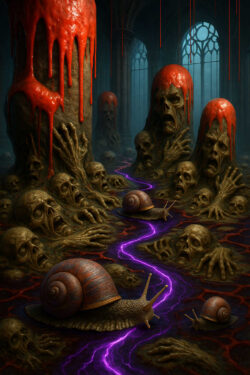 Eine albtraumhafte Szene in einer Kathedrale voller Totenschädel und schreiender Gesichter, die aus dem Boden wachsen. Blutrote Masse tropft von den Säulen, während riesige Schnecken auf einem violett leuchtenden Pfad entlangkriechen. Eine unheimliche Stille liegt in der Luft.