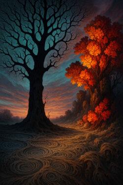 Ein düsterer, kahler Baum steht links, während rechts leuchtend rote Herbstbäume brennen wie Feuer. Der Himmel glüht im Sonnenuntergang, der Boden ist mit geheimnisvollen Kreismustern überzogen. Die Szene wirkt wie ein Übergang zwischen zwei Welten.