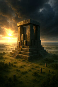 Eine monumentale Steinstätte erhebt sich wie ein uraltes Heiligtum über einer nebeligen Ebene. Die Sonne bricht durch die Wolken und taucht den Altar in ein goldenes Licht, das ihn wie ein Tor zwischen den Welten erscheinen lässt. Treppen führen hinauf, als lade das Bauwerk zu einem rituellen Aufstieg ein.