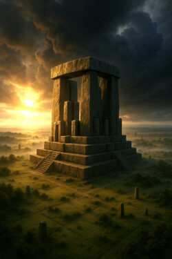 Eine monumentale Steinstätte erhebt sich wie ein uraltes Heiligtum über einer nebeligen Ebene. Die Sonne bricht durch die Wolken und taucht den Altar in ein goldenes Licht, das ihn wie ein Tor zwischen den Welten erscheinen lässt. Treppen führen hinauf, als lade das Bauwerk zu einem rituellen Aufstieg ein.