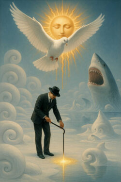 Ein Mann im Anzug steht auf einer Wolkenfläche und berührt mit seinem Stock einen goldenen Lichtpunkt. Über ihm schwebt eine strahlende Sonne in Gestalt eines Gesichts, begleitet von einer weißen Taube. Im Hintergrund ragt ein Hai aus den Wolken, als bedrohliches Gegengewicht zum friedlichen Motiv.