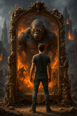 Ein Mann steht vor einem kunstvoll verzierten Spiegelrahmen, in dem ein riesiger, feuriger Gorilla erscheint. Hinter dem Spiegel tobt ein Krieg in brennenden Ruinen. Die Szene strahlt Konfrontation und innere Prüfung aus.