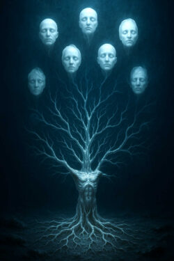 Ein weißer Baum mit knorrigen Wurzeln, dessen Äste menschliche Gesichter tragen. Sie schweben wie in Träumen, gefangen in einem ewigen Dämmerzustand.