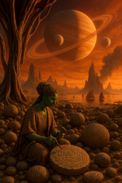 Eine grünhäutige Frau sitzt am Ufer eines fremden Meeres und meißelt Spiralmuster in eine Steinscheibe. Hinter ihr ragen nadelartige Berge auf, über dem Himmel schwebt ein riesiger Saturn mit seinen Monden. Alles ist in warmes, orangefarbenes Licht getaucht.