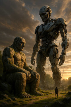 Eine riesige Steinfigur sitzt schweigend, während ein kolossaler Roboter ihr gegenübersteht. Ein kleiner Mensch steht zwischen den Giganten und blickt ehrfürchtig auf. Die Dämmerung taucht die Szene in warmes, goldenes Licht und verstärkt die epische Stimmung.