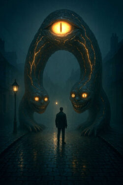 Eine düstere Gasse bei Nacht, in deren Mitte ein Mann vor einem gigantischen, leuchtäugigen Doppeltor-Monster steht. Die Kreatur hat zwei grinsende Köpfe und ein einzelnes, strahlendes Auge oben im Bogen. Eine gespenstische Lampe wirft fahles Licht auf das Pflaster.