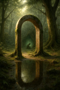 Ein bemoostes Steinportal steht mitten in einem märchenhaften Wald, der von goldenem Licht durchflutet wird. Durch den Bogen sieht man eine vermummte Gestalt, die still in einer natürlichen Höhle sitzt. Das Wasser am Boden spiegelt das Portal perfekt wider und verstärkt den mystischen Eindruck.