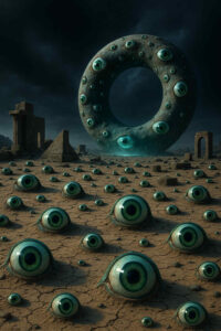 Auf rissigem Wüstenboden erheben sich unzählige grüne Augen, die wie Pflanzen aus der Erde sprießen. Im Hintergrund schwebt ein gigantischer, ringförmiger Monolith, ebenfalls übersät mit Augen. Die bedrohliche Szenerie erinnert an einen endlosen Blick in die eigene Seele.