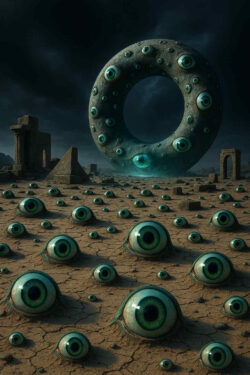 Auf rissigem Wüstenboden erheben sich unzählige grüne Augen, die wie Pflanzen aus der Erde sprießen. Im Hintergrund schwebt ein gigantischer, ringförmiger Monolith, ebenfalls übersät mit Augen. Die bedrohliche Szenerie erinnert an einen endlosen Blick in die eigene Seele.