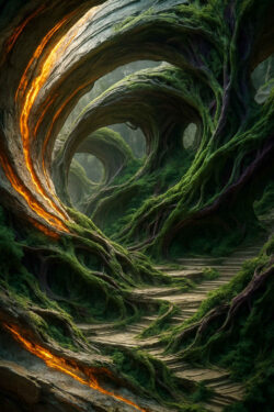 Gewaltige, moosbewachsene Baum- und Felsenbögen winden sich zu einem verwunschenen Pfad. Leuchtende Adern aus orange glühendem Harz oder Lava durchziehen das Holz und erhellen die Szenerie. Die Stille dieser grünen Kathedrale lädt ein, in eine andere Welt einzutreten.