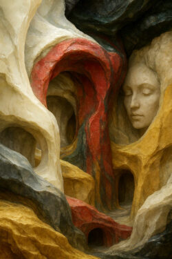 In einer surrealen Höhlenlandschaft ragen bunt gefärbte Gesteinsbögen empor, die wie Adern durch den Stein fließen. Zwischen den geschwungenen Formen erscheint ein sanftes, in den Fels gemeißeltes Gesicht, die Augen geschlossen wie im Schlaf. Die Szene wirkt wie eine stille Meditation über die Tiefe des Unbewussten.