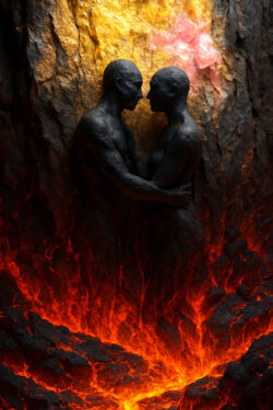 Zwei schwarze männliche Figuren umarmen sich, geboren aus dem glutroten Schlund der Erde. Hinter ihnen leuchtet goldenes Gestein wie das Versprechen von Erlösung.