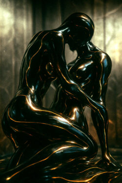 Zwei metallisch glänzende, humanoide Figuren knien eng umschlungen auf dem Boden. Ihre Körper wirken wie flüssige Skulpturen, die ineinander übergehen. Das Bild strahlt Intimität und eine stille, fast sakrale Sinnlichkeit aus.