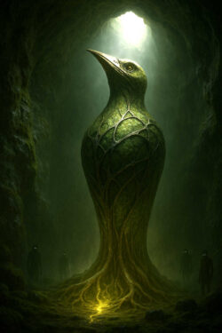In einer düsteren Höhle erhebt sich eine riesige, pflanzenartige Skulptur in Form eines Vogels. Die Wurzeln scheinen Licht aus dem Boden zu ziehen, während im Hintergrund drei unheimliche Schattenfiguren mit glühenden Augen stehen. Ein Lichtstrahl fällt von oben herab.