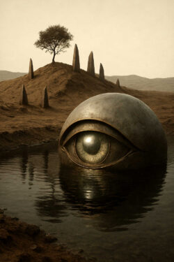 Ein gigantisches, halbkugelförmiges Auge ragt aus einem stillen Gewässer. Im Hintergrund steht ein einzelner Baum auf einem Hügel, umgeben von spitzen Steinsäulen. Die Szene wirkt geheimnisvoll und surreal.