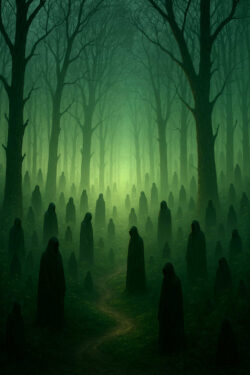 Ein dichter Wald, getränkt in grünes Licht, ist von zahllosen dunkel verhüllten Gestalten bevölkert. Sie stehen reglos zwischen den Bäumen, als ob sie auf etwas warten. Der schmale Pfad wirkt wie eine Einladung – oder eine Warnung – für den, der ihn betritt.