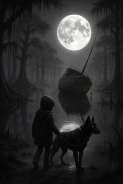 Ein Kind steht mit einem Hund am Ufer eines düsteren Sumpfes, beide blicken auf ein halb versunkenes Boot. Der Mond leuchtet hell über der Szenerie und taucht den Nebel in silbriges Licht. Die Augen des Hundes glühen, als wäre er ein mystischer Begleiter.