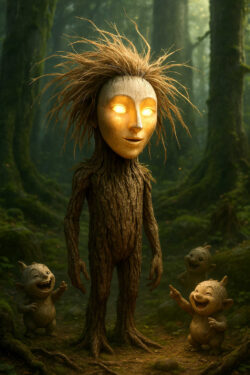 Ein baumähnliches Wesen mit leuchtenden Augen steht in einem moosigen Wald. Drei kleine, koboldartige Kreaturen umringen es lachend und zeigend. Die Szene wirkt märchenhaft und freundlich, als ob ein geheimer Moment der Natur beobachtet wird.