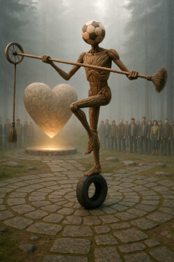 In einem nebligen Wald steht eine bizarre Holzfigur mit Fußballkopf, die auf einem Reifen balanciert und eine lange Stange hält. Dahinter leuchtet ein riesiges steinernes Herz, umringt von einer Gruppe schweigender Menschen. Die Komposition wirkt rituell und rätselhaft.