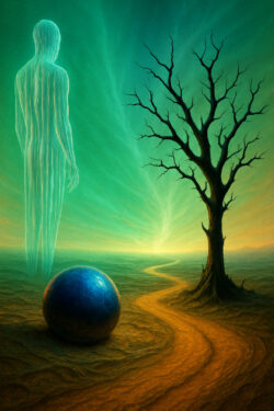 Eine durchscheinende, geisterhafte Gestalt steht neben einem kahlen Baum, vor ihr ein leuchtend blauer Ball. Ein geschwungener Pfad führt in den leuchtend grünen Horizont. Die Szene strahlt eine meditative, fast spirituelle Ruhe aus.