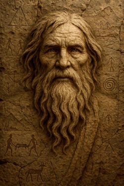 Ein uralter Mann mit langem Bart ist wie aus der Felswand selbst gemeißelt. Um ihn herum sind primitive Gravuren von Tieren und Symbolen eingeritzt, die an prähistorische Höhlenmalerei erinnern.