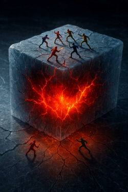 Ein massiver, rissiger Steinwürfel glüht von innen rot-orange, als ob er Lava enthält. Winzige Menschenfiguren stehen oben und unten auf dem Würfel, einige in Kampfpose. Das Bild wirkt wie eine Allegorie auf Macht, Gefahr und den Kampf um das Schicksal.