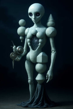 Eine humanoide Gestalt aus geometrischen Formen steht in einer dunklen, leeren Umgebung. Ihr Brustkorb zeigt ein transparentes Fenster mit einem funkelnden, kosmischen Inneren. In der Hand hält sie eine Schnecke, deren Haus metallisch wirkt und ein Messer gleicht. Die Figur erscheint wie eine Mischung aus Statue, Maschine und außerirdischem Wesen mit geheimnisvoller Bedeutung.