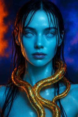 Eine blau leuchtende Frau mit nassen Haaren blickt direkt in die Kamera. Um ihren Hals windet sich eine goldene, schimmernde Schlange, deren Glanz im Kontrast zur kühlen Haut steht. Hinter ihr glühen orangefarbene und blaue Nebelschwaden. Die Szene wirkt gleichzeitig futuristisch und mythisch, als würde sie aus zwei Welten stammen.