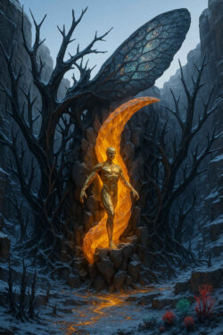 Eine goldene humanoide Figur steigt aus einem spiralförmig leuchtenden Bernsteinwirbel hervor. Schwarze, kahle Bäume ragen wie Klingen aus den Felswänden zu beiden Seiten. Hinter dem Wesen entfaltet sich eine große, schimmernde Struktur wie ein geflügeltes Insektenschild. Der orangeglühende Energiefluss setzt sich über den Boden fort. Die Atmosphäre ist kühl, feierlich und von unheimlicher Schönheit.