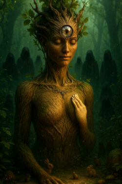 Eine baumartige Frauengestalt sitzt in einem dichten, grünlich leuchtenden Wald. In ihrer Stirn ruht ein großes, kristallklares Auge, das wie ein Tor in eine andere Welt glänzt. Ihr Körper besteht aus Rinde und Adern, während kleine Tiere sich ehrfürchtig um sie versammeln. Im Hintergrund stehen verhüllte, ruhende Gestalten wie Zeugen eines alten Geheimnisses.