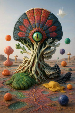 Ein riesiges, fächerförmiges Wesen mit einem zentralen, katzenhaften Auge erhebt sich aus einem Wurzelgeflecht, das sich über den Boden ausbreitet. Um das Wesen schweben farbige Kugeln, einige davon mit Symbolen versehen. Die Umgebung wirkt trocken und leicht nebelhaft, durchzogen von bizarren Pflanzenstrukturen. In der Ferne scheint eine schwebende Stadt zu leuchten.