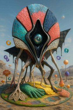 Ein hoch aufragendes, fächerartiges Wesen mit einem zentralen, gläsernen Auge steht in einer surrealen Wüstenlandschaft. Seine langen, wurzelartigen Beine greifen in den Boden, während farbige Segmente an seiner Kopfstruktur wie aus Stein gemeißelt wirken. Rundherum schweben ringförmige Objekte und pilzartige Formen. Die gesamte Szene wirkt wie ein Ritualplatz einer fremden, botanisch-organischen Zivilisation.