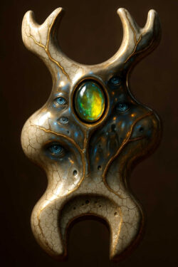 Ein biomorphes Artefakt aus glattem, rissigem Material trägt eine große, schimmernde Edelsteinlinse in der Mitte. Rundherum sind mehrere kleine, realistische Augen eingelassen, die in verschiedene Richtungen blicken. Blaue und goldene Reflexionen verleihen der Oberfläche eine fast lebendige Tiefe. Das Objekt wirkt wie ein magisches, bewusstes Relikt aus einer fremden Zivilisation.