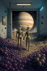 Zwei metallene Figuren mit zahlreichen Augen wandern Hand in Hand durch ein Zimmer, das sich in eine außerirdische Landschaft öffnet. Riesige Trauben mit Augen liegen am Boden, während der Planet Jupiter über dem Horizont schwebt. Ketten hängen von der Decke, als ob Realität und Traum ineinandergreifen. Der Raum ist zugleich vertraut und völlig surreal.