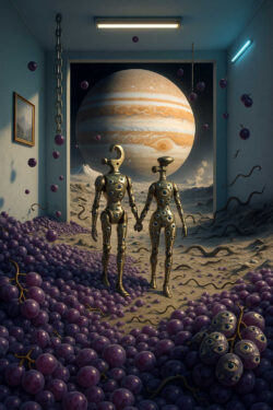 Zwei metallene Figuren mit zahlreichen Augen wandern Hand in Hand durch ein Zimmer, das sich in eine außerirdische Landschaft öffnet. Riesige Trauben mit Augen liegen am Boden, während der Planet Jupiter über dem Horizont schwebt. Ketten hängen von der Decke, als ob Realität und Traum ineinandergreifen. Der Raum ist zugleich vertraut und völlig surreal.