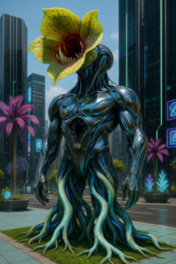 Eine humanoide Figur mit metallisch glänzendem, pflanzenähnlichem Körper steht auf einem Stadtplatz zwischen futuristischen Hochhäusern. Sein Kopf ist eine riesige, fleischige Blüte mit geöffnetem Schlund. Die Beine bestehen aus wurzelartigen Strängen, die in die Erde greifen. Die Szene verbindet urbane Architektur mit wucherndem, außerirdischem Pflanzenleben.