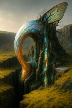 Ein monumentaler, kristallin wirkender Bogen aus blauschillernden Strukturen erhebt sich über einer grünen, zerklüfteten Landschaft. Aus der Struktur wächst ein goldenes, hornartiges Element, das in eine tiefe Felsspalte führt. Die Oberfläche wirkt organisch, durchzogen von wabenartigen Höhlen und wurzelähnlichen Linien. Vereinzelte farbige Bäume stehen wie Beobachter in der Ferne. Die ganze Erscheinung wirkt wie eine lebendige Kathedrale.