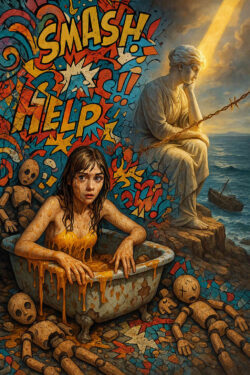Eine junge Frau sitzt in einer alten Badewanne, während goldenes, zähes Material über ihren Körper fließt. Hinter ihr bricht eine bunte Wand mit Comic-Schriftzügen wie „SMASH“ und „HELP“ hervor. Eine steinerne Statue in Ketten blickt nachdenklich über das Meer, während eine zerstörte Puppe am Boden liegt. Die Szene verwebt Pop-Art, Mythos und fragile Menschlichkeit zu einem einzigen dramatischen Moment.