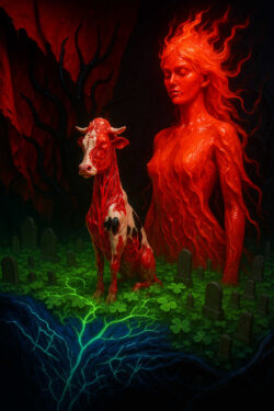 Eine humanoide Figur aus feuerähnlicher Substanz steht neben einer rot leuchtenden Kuh. Beide erscheinen inmitten eines Friedhofs mit Kleeblättern und alten Grabsteinen. Unter ihnen verzweigen sich helle, wurzelartige Energieadern in Blau und Grün. Die Szene wirkt düster, mythisch und voller symbolischer Spannung.