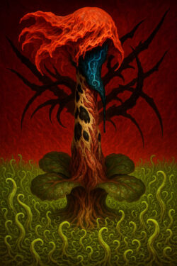 Ein hochgewachsenes, pflanzenähnliches Gebilde erhebt sich aus einem Feld lebendiger Triebe. An seiner Spitze lodert eine rote, fließende Form, während blaue Adern wie innere Energie herabgleiten. Im Hintergrund ragen schwarze, krallenartige Strukturen aus dem Rot des Himmels. Die Szene vereint Wachstum, Bedrohung und übernatürliche Kraft.