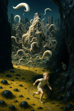 Ein kleines Kind rennt durch eine gelbe, hügelige Landschaft, während aus einer fernen Stadt gigantische, wurmartige Wesen hervorquellen. Die finsteren Felsen links und rechts bilden einen natürlichen Rahmen, in dem ein zweites Kind Schutz sucht. Die Stadt selbst scheint von der wuchernden Masse überwältigt zu werden, deren Bewegungen unnatürlich lebendig wirken. Die Szene verbindet Unschuld und kosmischen Schrecken zu einer eindringlichen Vision.