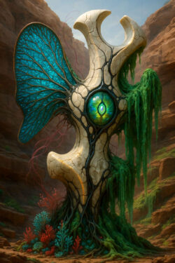 Ein steinernes, organisch wirkendes Monolith-Wesen erhebt sich in einer zerklüfteten Felsenschlucht. Ein großes, schimmernd blaues Blatt wirkt wie ein Flügel, der von Adern durchzogen ist. In der Mitte strahlt ein irisierendes, grünes Auge, verwoben mit dunklen wurzelartigen Strukturen. Bunte Gewächse und fließendes Moos umrahmen diese Mischung aus Skulptur und lebendigem Organismus.