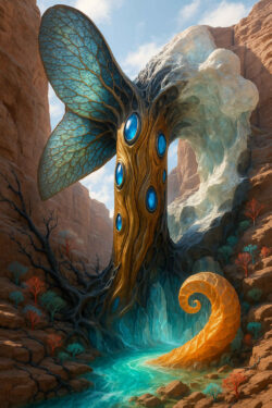 Ein gewaltiges, baumähnliches Wesen mit schmetterlingsartigen Flügeln erhebt sich zwischen hohen Felswänden. Mehrere ovale, blau leuchtende Öffnungen durchziehen seinen Stamm. Eine gelbgoldene Spirale windet sich daneben empor, während türkisfarbenes Wasser zu seinen Wurzeln strömt. Farbig schimmernde Bäume beleben die Szenerie wie in einem Traumland.