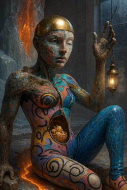 Eine weiblich anmutende Figur mit goldenem Helm sitzt in einer felsigen Höhle, deren Wände wie glühende Lava wirken. Ihre Haut besteht aus mosaikartigen, farbigen Steinplatten, durchzogen von pflanzlichen Adern. In ihrem geöffneten Bauchraum trägt sie einen Korb kleiner Früchte. In der Hand hält sie eine Laterne, die warmes Licht über ihre raue, mythische Gestalt wirft.
