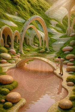 Ein Mensch steht an einem rosafarbenen Wasserlauf, umgeben von weichen, moosbewachsenen Landschaftsformen. Organische Bögen und gläserne Wege steigen terrassenartig in die Höhe. Runde Steine ruhen wie sorgsam abgelegte Gedanken im Grün. Die Szene wirkt wie ein friedlicher Übergang zwischen Architektur und Natur, getragen von warmem Licht.