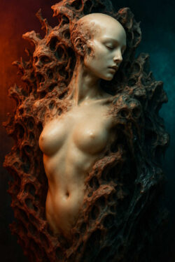 Eine weibliche Gestalt mit nackter und glatter Brust, fast skulptural, scheint halb aus einer porösen, korallenartigen Struktur hervorzugehen. Ihr Kopf ist kahl, die Augen geschlossen, als wäre sie in tiefem Schlaf oder meditativer Starre versunken. Das umgebende Geflecht aus brüchigen, dunkel rötlichen Formen wirkt zugleich schützend und bedrohlich. Warmes und kaltes Licht modellieren ihren Körper und geben der Szene eine stille, fragile Intensität.