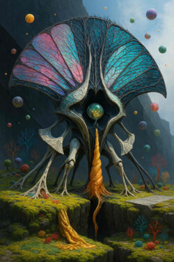 Ein majestätisches Wesen mit schmetterlingsartigen Steinflügeln und einem zentralen Smaragdauge steht an einer Klippe. Aus seinem Kern fließt ein goldener, spiralförmiger Strom, der sich in die Tiefe ergießt. Umgeben ist es von farbigen Kugeln und leuchtenden, korallenartigen Pflanzen. Die Landschaft wirkt surreal und pulsierend, als wäre sie Teil eines lebenden, atmenden Universums.